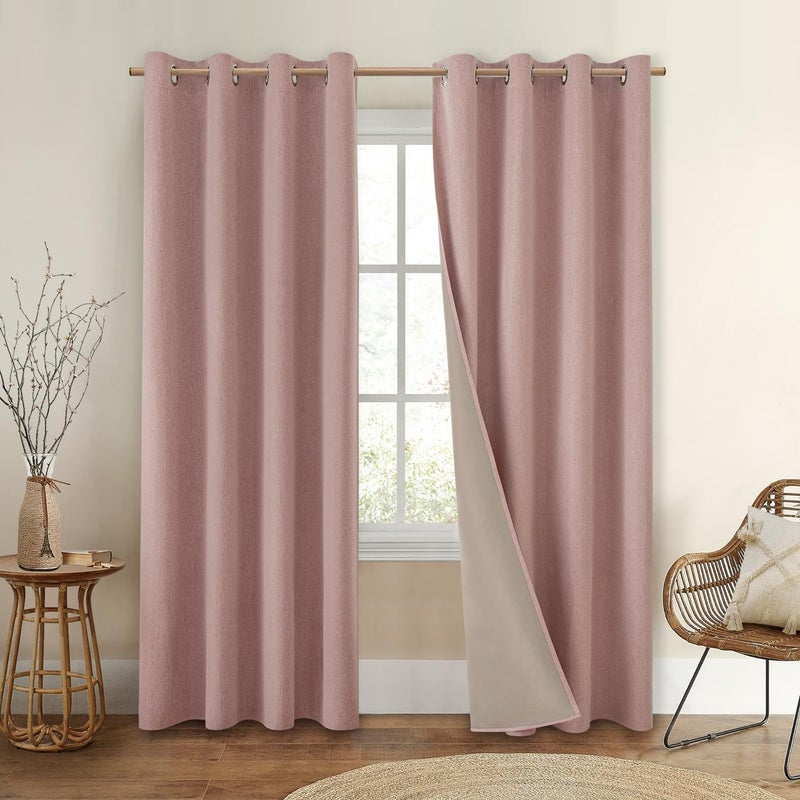 HOMEIDEAS 100 Blackout Curtains 2 Panels Blush Pink Linen Room Darkening Curtains 52 X 84 Inches Thermal Insulated Grommet Window Drapes with Liner for Living Room Bedroom