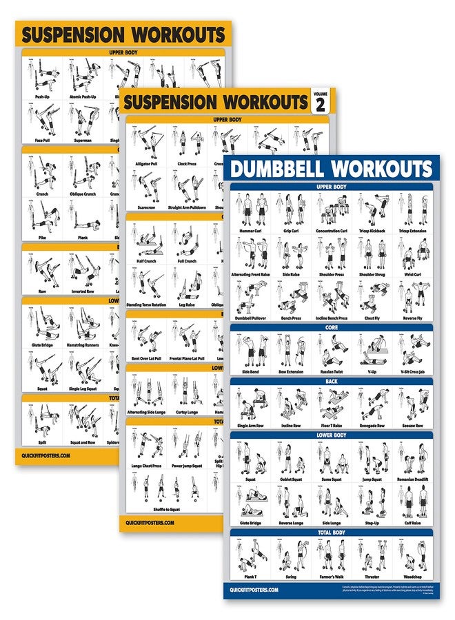 Palace Learning 3 Pack - Suspension Workout Posters - Volume 1 & 2 + Dumbbell Exercises Poster Set - Set of 3 Workout Charts (LAMINATED, 18" x 24") - Image 1