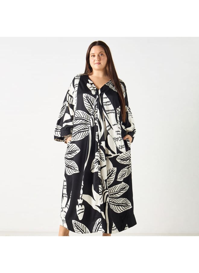 Ulla Popken Plus Size Ulla Popken All-Over Leaf Print V-Neck Kaftan Dress  - Image 1