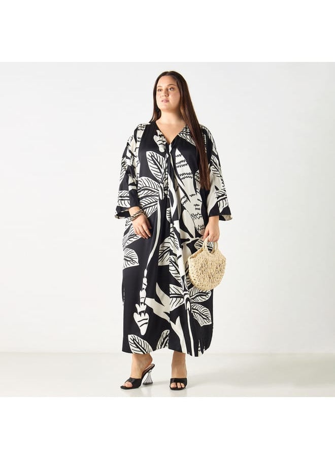 Ulla Popken Plus Size Ulla Popken All-Over Leaf Print V-Neck Kaftan Dress  - Image 2