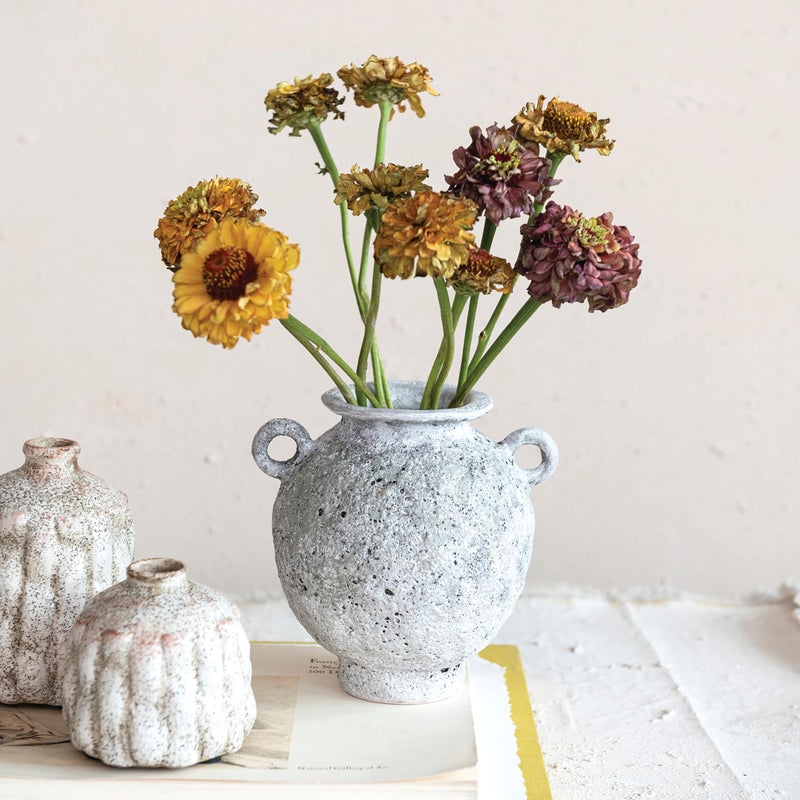 Creative CoOp Stoneware Vase with Handles with Distressed Reactive Glaze Grey