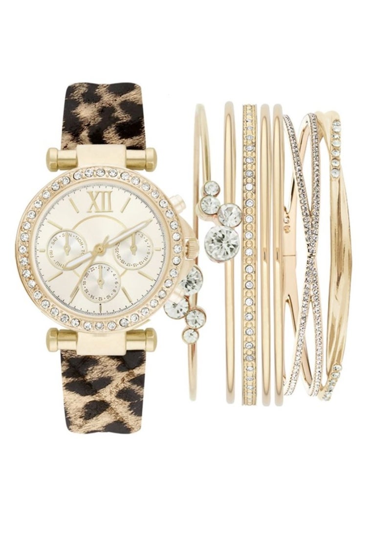 أدرين فيتاديني ساعة أدريان فيتاديني نسائية بسوار جلد مطبوع باللون الذهبي وعلبة ذهبية مرصعة بالكريستال - Image 1