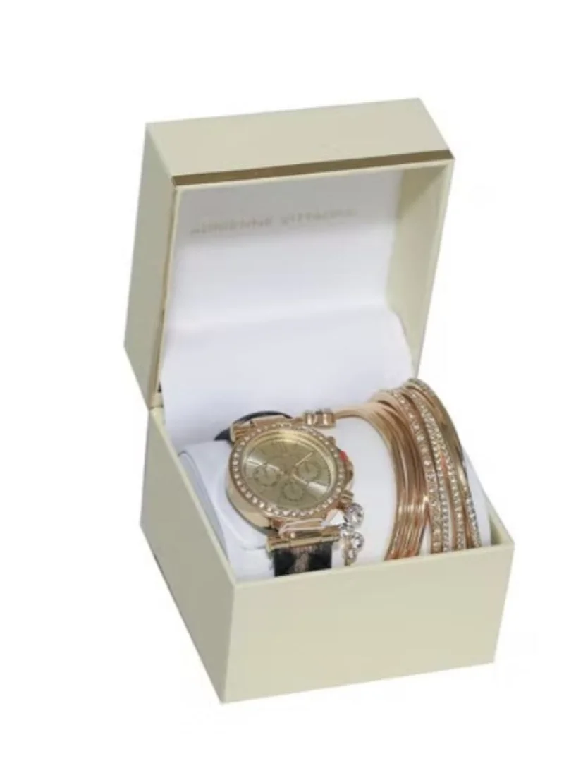 ADRIENNE VITTADINI Adrienne Vittadini Ladies Stackable Analog Watch Gold Case with Crystals Gold Dial Printed PU Leather Strap 1506G-42-A39