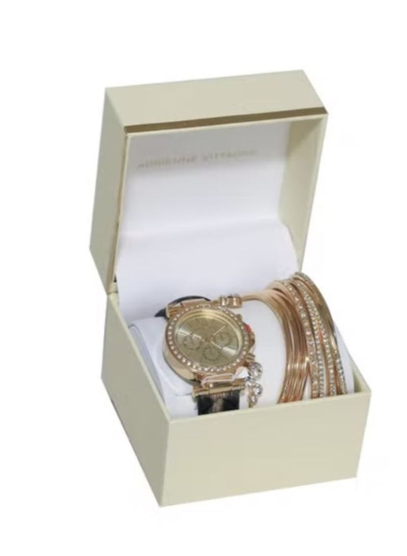 أدرين فيتاديني ساعة أدريان فيتاديني نسائية بسوار جلد مطبوع باللون الذهبي وعلبة ذهبية مرصعة بالكريستال - Image 2