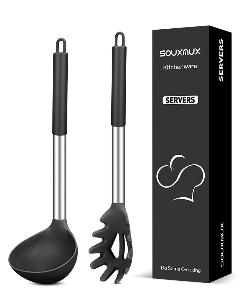 SouxMux Silicone Pasta Fork and Soup Ladle Set NonStick BPA Free HeatResistant Handy Kitchen Utensils for Cooking Serving Draining Stirring Black 