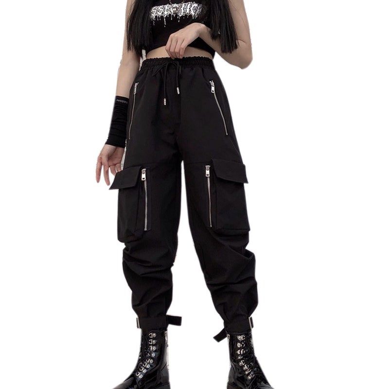MEINVQIAOTI Black Cargo Pants Women Loose Chained Pants Multi-Pocket Multi-Zip Punk Goth Pants(Black,S) - Image 1
