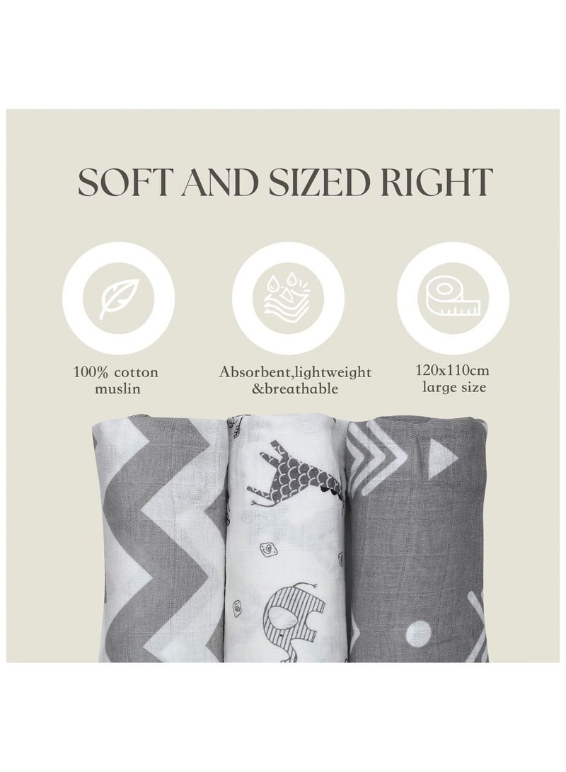 Mr. Penda 3 Pack Baby Swaddle Blanket, Unisex Swaddle Wrap, Cotton Ideal Newborn Infant Swaddling Set, Muslin Swaddle Blankets Neutral Receiving Blanket for Boys and Girls (120 X 110cm) - Image 2
