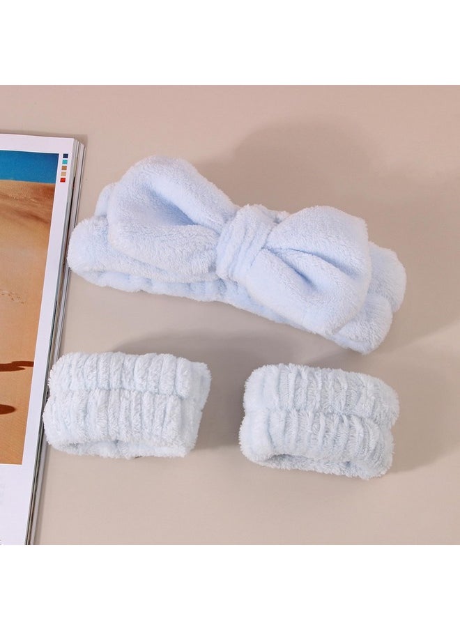 AEGYPIUS - Spa Headband And Wristband Set | Coral Velvet Material | Blue | Face Washing Wristbands And Headband | Hair Headbands For Women Girls | Face Wash, Makeup, Yoga - Image 1