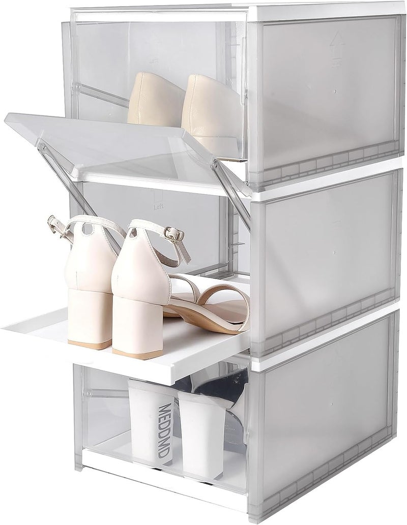 Deoxys Shoe Box Set of 3 PushPull Clear Shoe Boxes Stackable Shoe Organizer for closet Shoes Storage for EntrywayDrop Front Under Bed