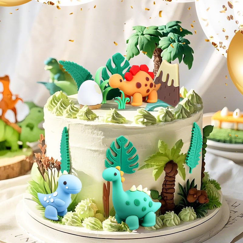 BlingABC 15PCS Cartoon Dinosaur Cake Toppers, Cute Dino Egg Leaves Grass Volcano Cake Decorations for Kids Birthday Baby Shower Dinosaur Animal Theme Party Supplies - Image 3