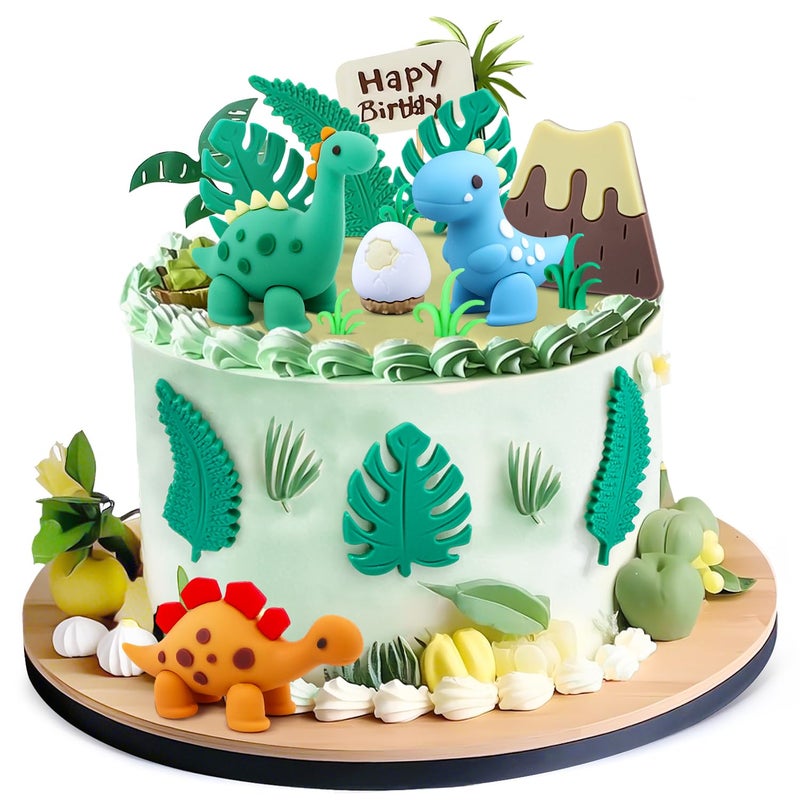 BlingABC 15PCS Cartoon Dinosaur Cake Toppers, Cute Dino Egg Leaves Grass Volcano Cake Decorations for Kids Birthday Baby Shower Dinosaur Animal Theme Party Supplies - Image 1