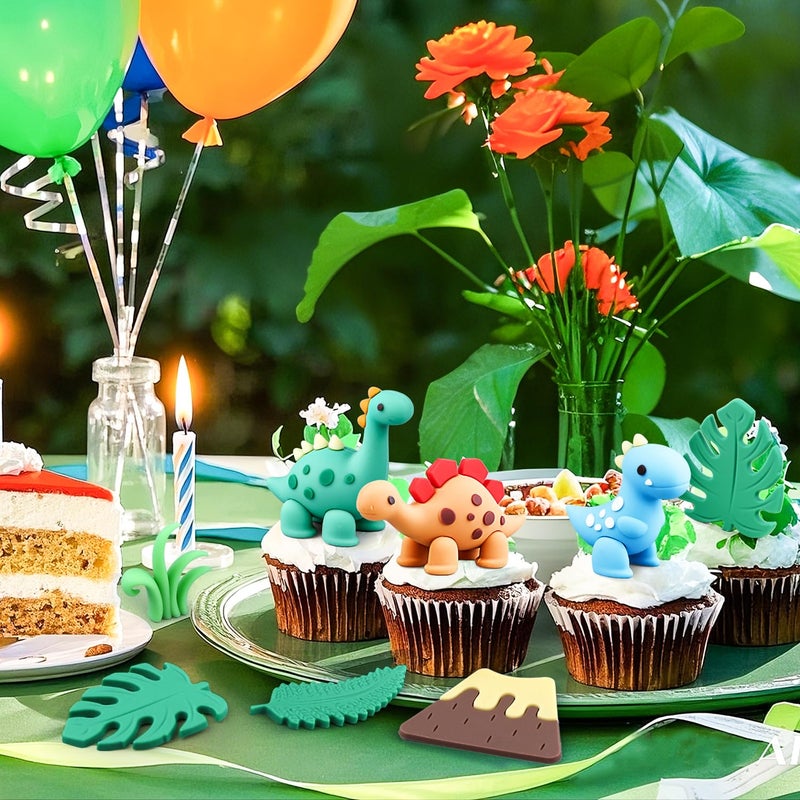 BlingABC 15PCS Cartoon Dinosaur Cake Toppers, Cute Dino Egg Leaves Grass Volcano Cake Decorations for Kids Birthday Baby Shower Dinosaur Animal Theme Party Supplies - Image 4