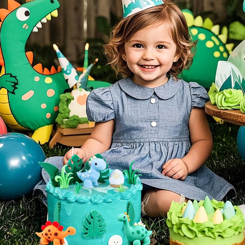 BlingABC 15PCS Cartoon Dinosaur Cake Toppers, Cute Dino Egg Leaves Grass Volcano Cake Decorations for Kids Birthday Baby Shower Dinosaur Animal Theme Party Supplies - Image 5