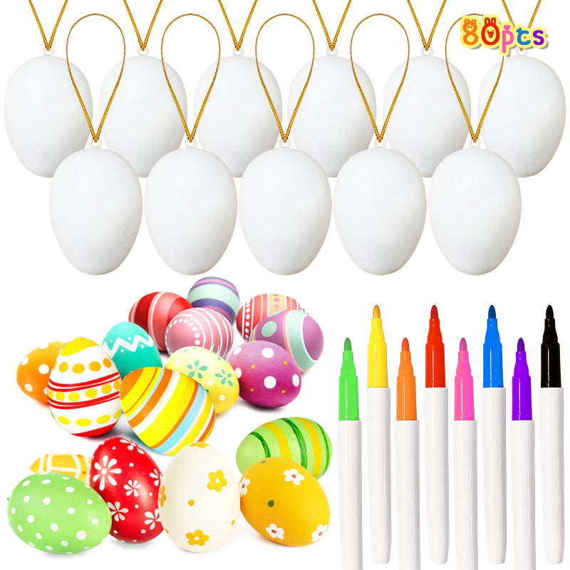 OJYUDD 80 Pcs White Plastic Easter Eggs with 8 Paint Markers, DIY Hanging Craft Eggs for Adult Art Projects, Holiday Decoration & Creative Home Design - Image 1