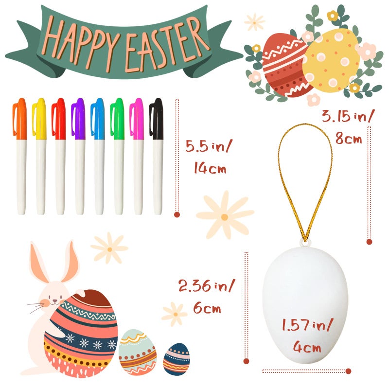 OJYUDD 80 Pcs White Plastic Easter Eggs with 8 Paint Markers, DIY Hanging Craft Eggs for Adult Art Projects, Holiday Decoration & Creative Home Design - Image 2