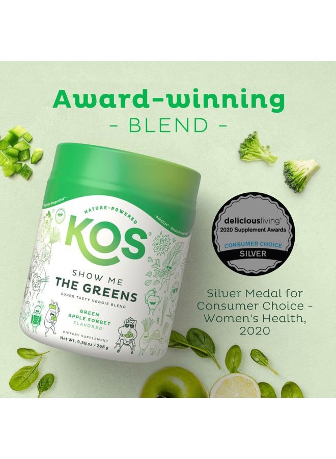 KOS مسحوق السوبر الأخضر العضوي خالي من الإريثريتول - مزيج سوبر فود نباتي مع سبيرولينا، كلوريللا وعشب القمح - معتمد عضوي من وزارة الزراعة الأمريكية، عصير أخضر سموذي - نكهة التفاح - 28 حصة - Image 2