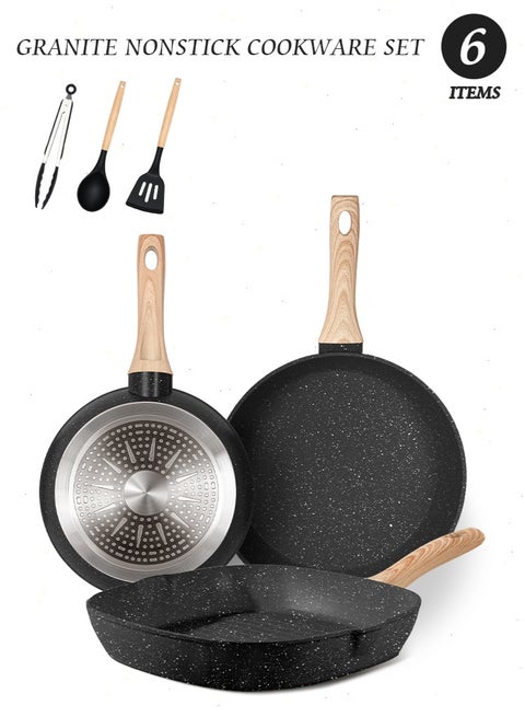 6 Pcs Grill Pan and Deep Frying Pan Set Non Stick,Nonstick Cookware Set Sizes 20/24/24cm Black Granite Induction Cookware Kitchen Cooking Set with Frying Pans Set Saucepans (PFAS/ PFOA/ PFOS Free)
