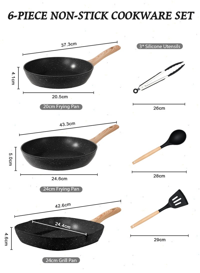 ميرتينج طقم أواني طهي ومقالي غير لاصقة مكون من 6 قطع (مقلاة شواء ومقلاة عميقة) - مقاسات 20/24/24 سم - بتصميم الغرانيت الأسود - مناسب لمواقد الحث الحراري (Induction) - طقم مطبخ متكامل يشمل مقالي وأواني صلصة - خالٍ من مواد PFAS وPFOA وPFOS. - Image 2