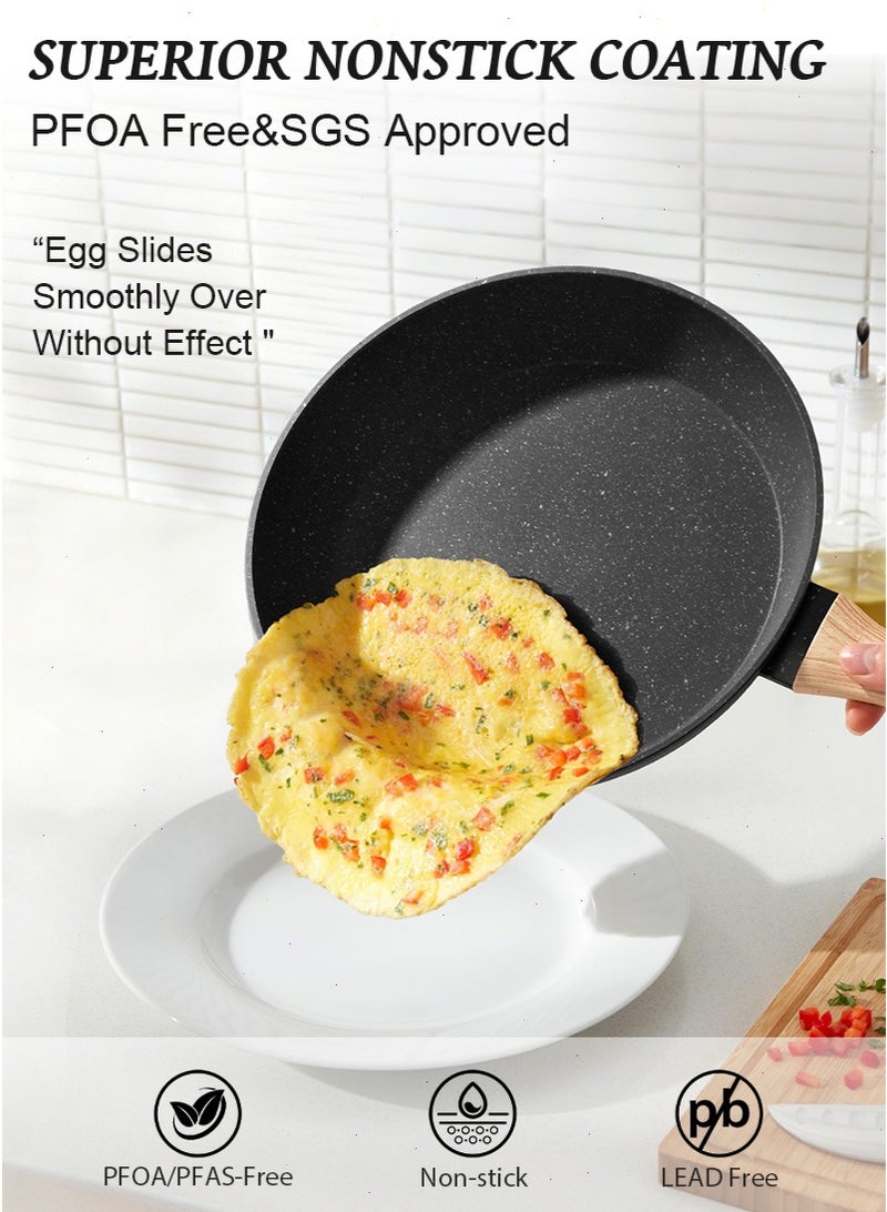 ميرتينج طقم أواني طهي ومقالي غير لاصقة مكون من 6 قطع (مقلاة شواء ومقلاة عميقة) - مقاسات 20/24/24 سم - بتصميم الغرانيت الأسود - مناسب لمواقد الحث الحراري (Induction) - طقم مطبخ متكامل يشمل مقالي وأواني صلصة - خالٍ من مواد PFAS وPFOA وPFOS. - Image 3