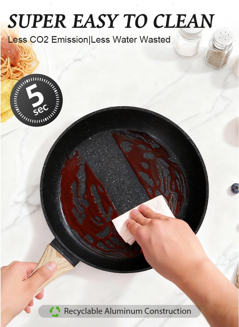 ميرتينج طقم أواني طهي ومقالي غير لاصقة مكون من 6 قطع (مقلاة شواء ومقلاة عميقة) - مقاسات 20/24/24 سم - بتصميم الغرانيت الأسود - مناسب لمواقد الحث الحراري (Induction) - طقم مطبخ متكامل يشمل مقالي وأواني صلصة - خالٍ من مواد PFAS وPFOA وPFOS. - Image 5