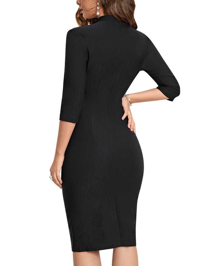 MUXXN فستان كوكتيل ميدي أسود بكم 3/4 للنساء بتصميم أنيق عتيق على شكل حرف V مقاس M - Image 2