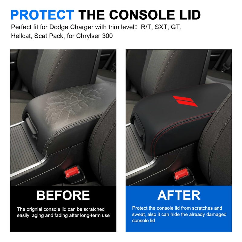 REMOCH Center Console Cover for Dodge Charger Accessories 2011-2021 2022 2023 for Chrysler 300 2015-2022 Leather Armrest Cover Console Box Lid Protector Interior (Red Stitches, Leather) - Image 2