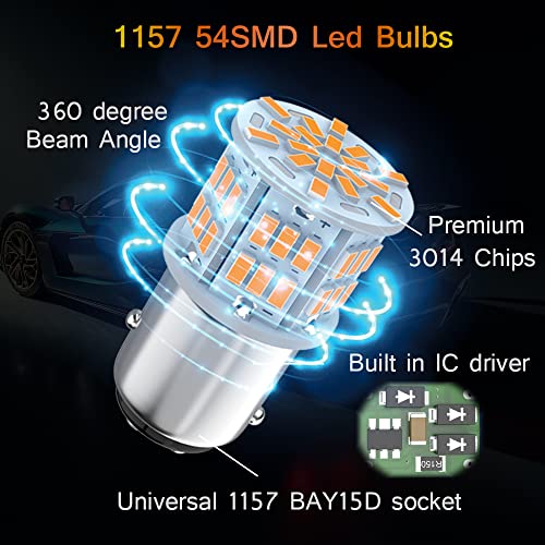 Melphan-Auto 1157 Led Light Bulb Amber Yellow, 12V-24V 1157 7528 2357 2057 BAY15D LED Replacement Light Bulb for Brake Light Tail Light for Car RV Trailer Boat, 54SMD 3014 Chipset,4PCS - Image 5