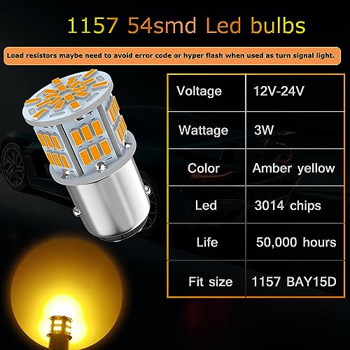 Melphan-Auto 1157 Led Light Bulb Amber Yellow, 12V-24V 1157 7528 2357 2057 BAY15D LED Replacement Light Bulb for Brake Light Tail Light for Car RV Trailer Boat, 54SMD 3014 Chipset,4PCS - Image 3