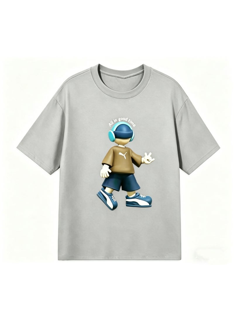 Puma "All in Good Time" 3D Cartoon Character Cotton Light Grey T-Shirt-XXL - Image 3