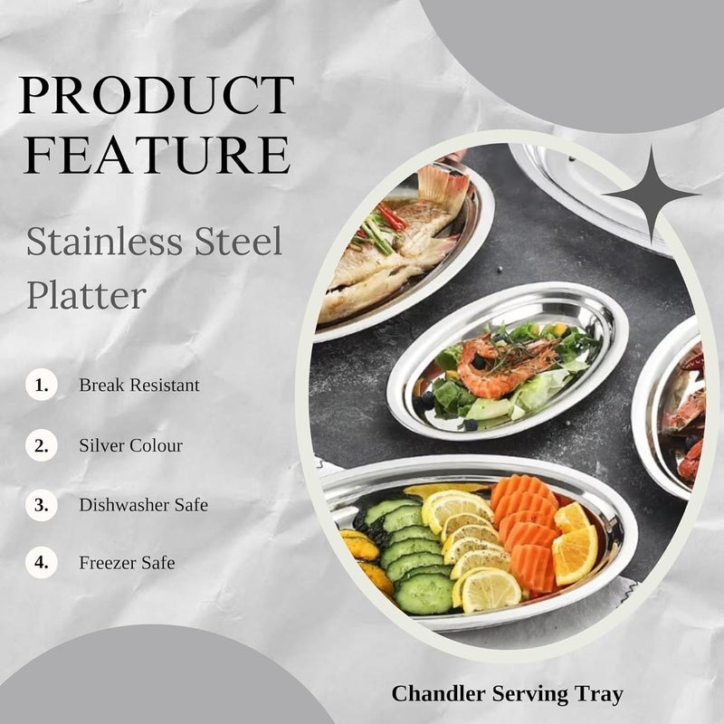 Chandler Stainless Steel Serving Tray  Oval Silver Food Tray  3 mm Thick Unbreakable  Anti Rust Serving Platter  Dinner Trays  Dishwasher Safe Kitchen Tray Silver 18 Inches - Image 2