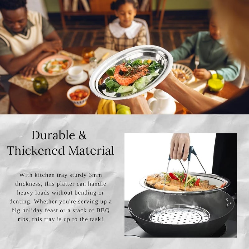 Chandler Stainless Steel Serving Tray  Oval Silver Food Tray  3 mm Thick Unbreakable  Anti Rust Serving Platter  Dinner Trays  Dishwasher Safe Kitchen Tray Silver 18 Inches - Image 4