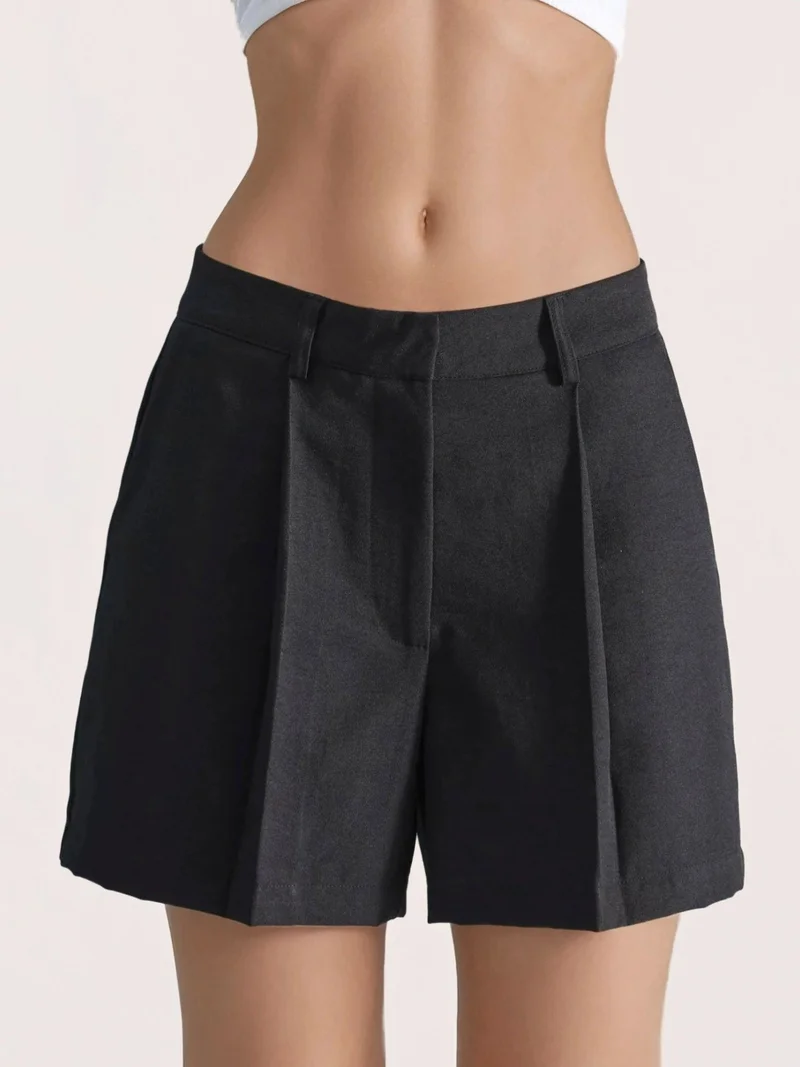 HICCUP Black Linen Blended High Waist Pleated Short for Women | Best Price UAE