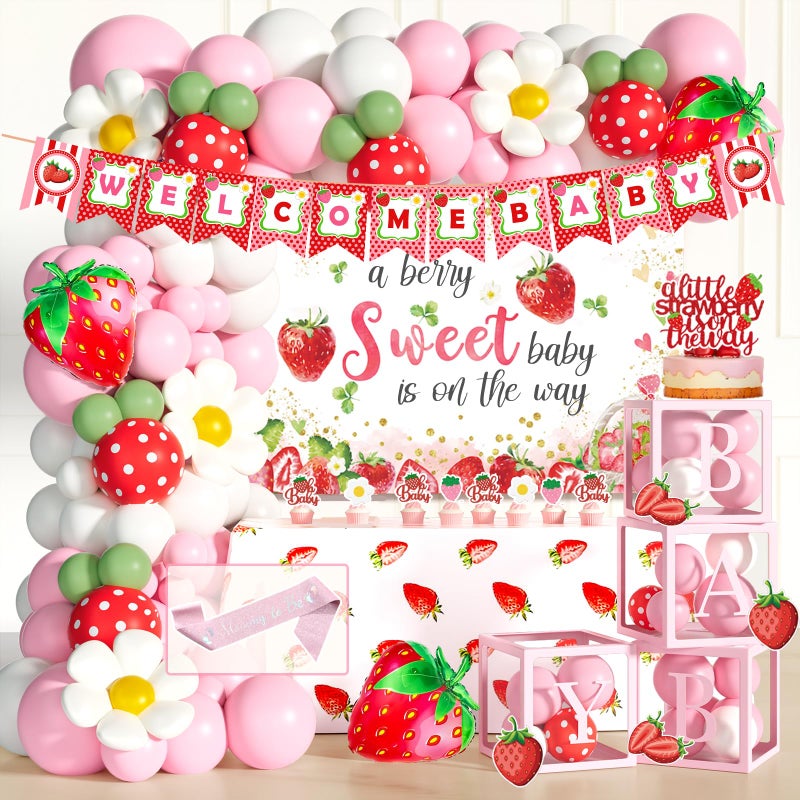 Fiesec Strawberry Baby Shower Decorations Girl 158 PCs A Berry Sweet Baby is On The Way Baby Shower Supplies with Backdrop Balloon Garland Tablecloth Cake Topper Sash for Fruit Themed Party - Image 2