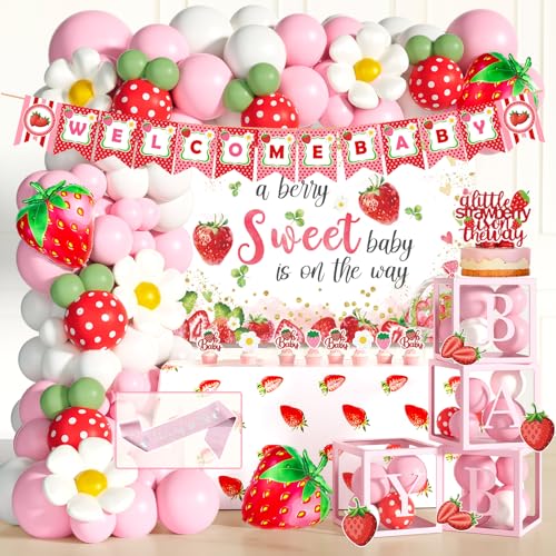Fiesec Strawberry Baby Shower Decorations Girl 158 PCs A Berry Sweet Baby is On The Way Baby Shower Supplies with Backdrop Balloon Garland Tablecloth Cake Topper Sash for Fruit Themed Party - Image 1