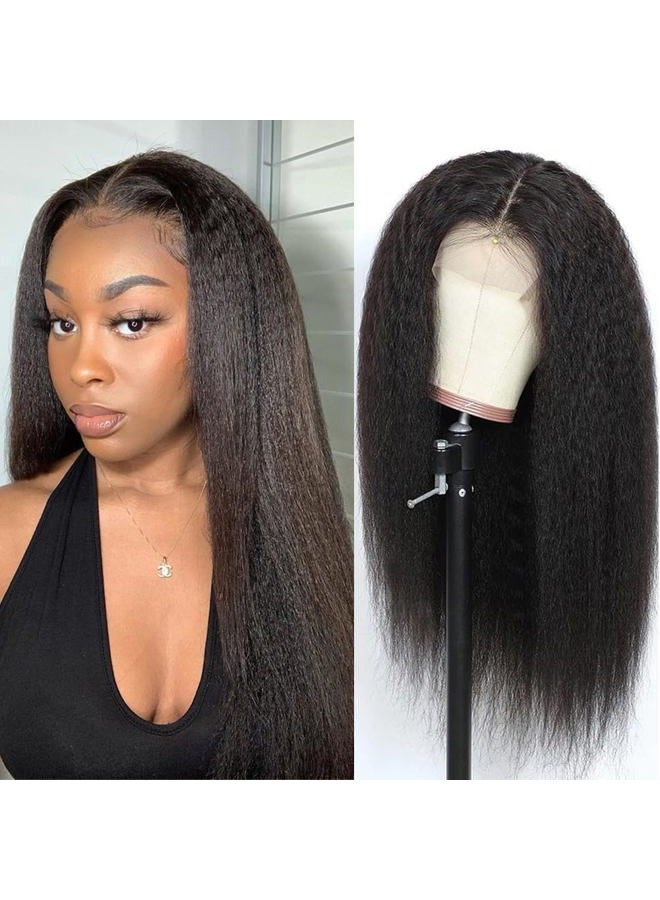 Veravicky Kinky Straight Wig Human Hair 16 inch Glueless Kinky Straight 13x4 Lace Front Wig Pre Plucked HairLine with Baby Hair,180% Density Yaki Straight Wigs Natural Black Color - Image 1