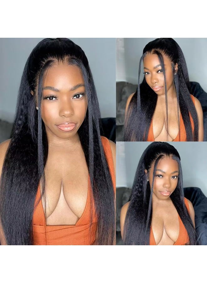 Veravicky Kinky Straight Wig Human Hair 16 inch Glueless Kinky Straight 13x4 Lace Front Wig Pre Plucked HairLine with Baby Hair,180% Density Yaki Straight Wigs Natural Black Color - Image 3