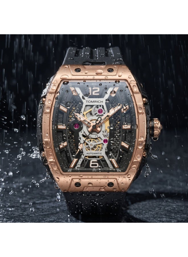 TOMRICH APEX X TR6603 Automatic Skeleton Watch for Men 44mm Tonneau Dial Rose Gold Stainless Steel Case Black Silicone Strap 5ATM Water Resistant - Image 3