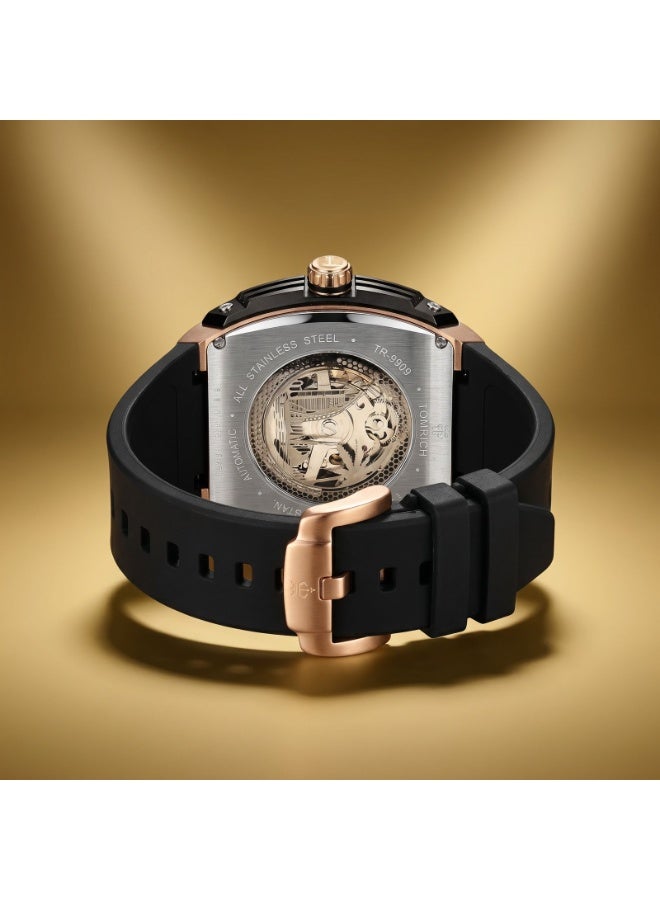TOMRICH APEX X TR6603 Automatic Skeleton Watch for Men 44mm Tonneau Dial Rose Gold Stainless Steel Case Black Silicone Strap 5ATM Water Resistant - Image 4