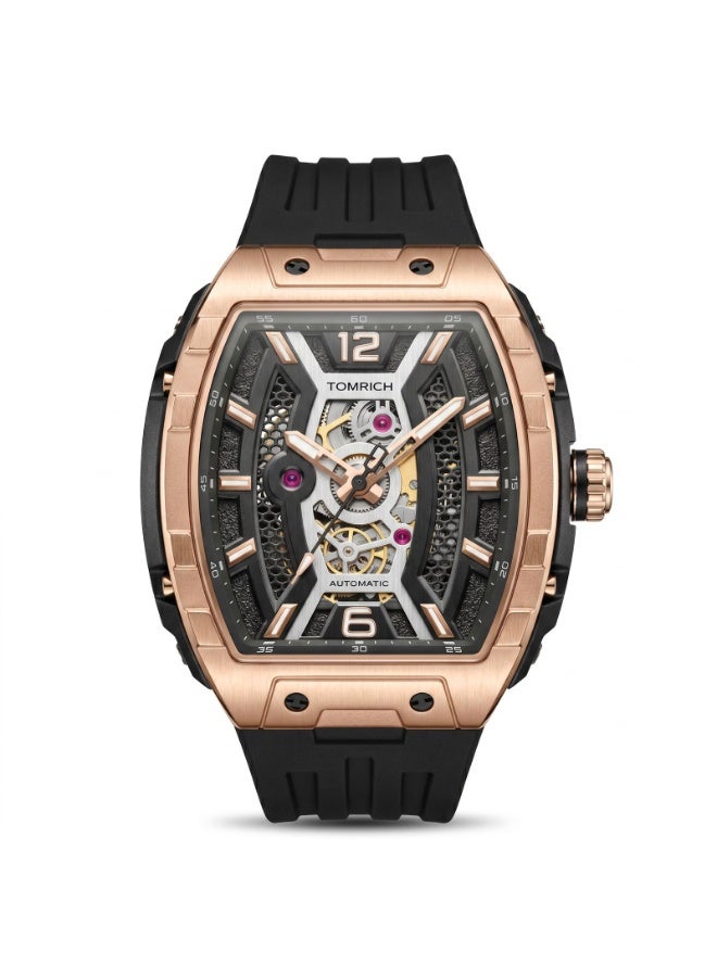 TOMRICH APEX X TR6603 Automatic Skeleton Watch for Men 44mm Tonneau Dial Rose Gold Stainless Steel Case Black Silicone Strap 5ATM Water Resistant - Image 1