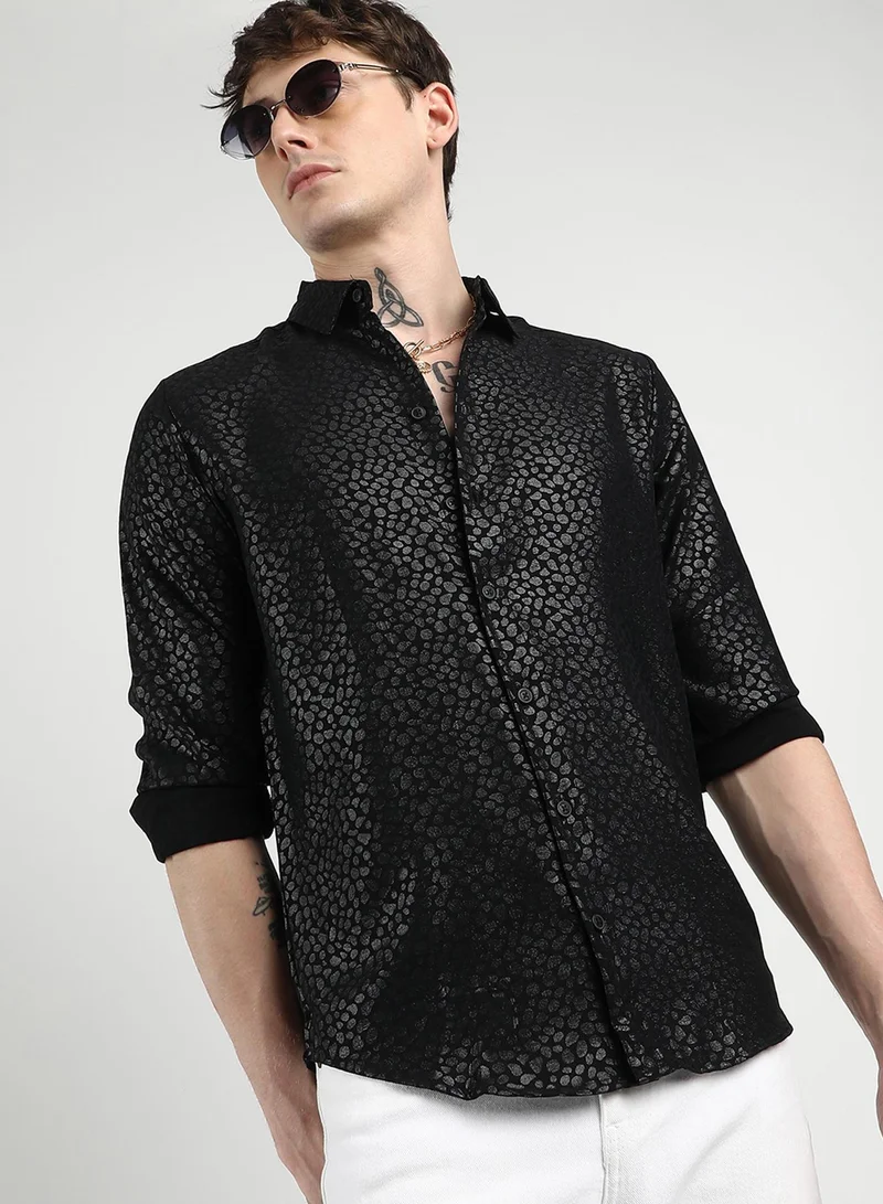 كامبوس سوترا Men's Onyx Black Pavement Shirt For Casual Wear | Spread Collar | Long Sleeve | Button Closure | Shirt Crafted With Comfort Fit For Everyday Wear
