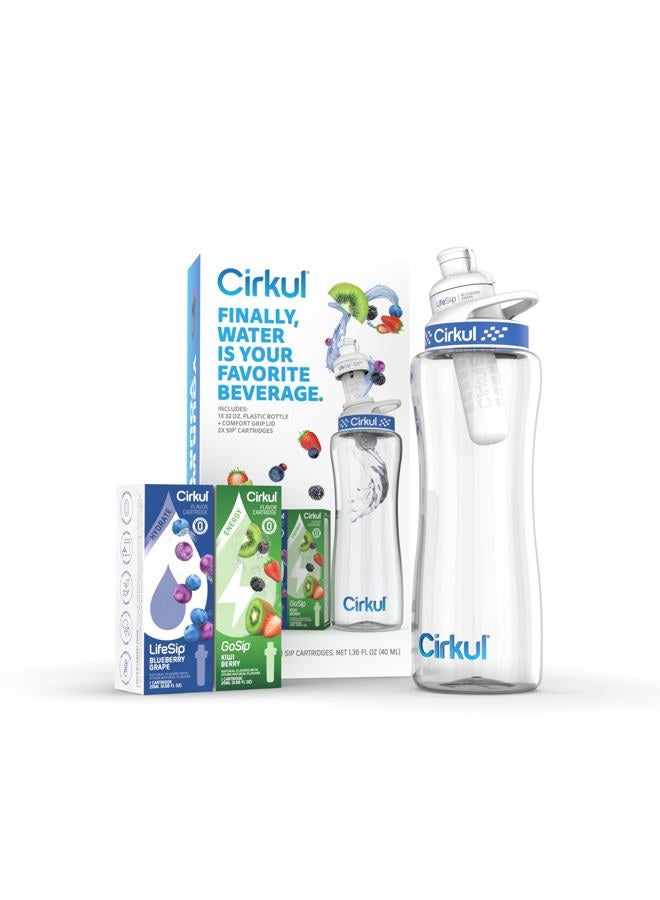 Cirkul طقم زجاجة ماء بلاستيكية سعة 32 أونصة خالية من BPA مع غطاء بحري، و2 خرطوشة نكهة (1 لايف سيب توت العليق، 1 جو سيب كيوي توت) صفر سعرات حرارية ولا سكر - Image 1