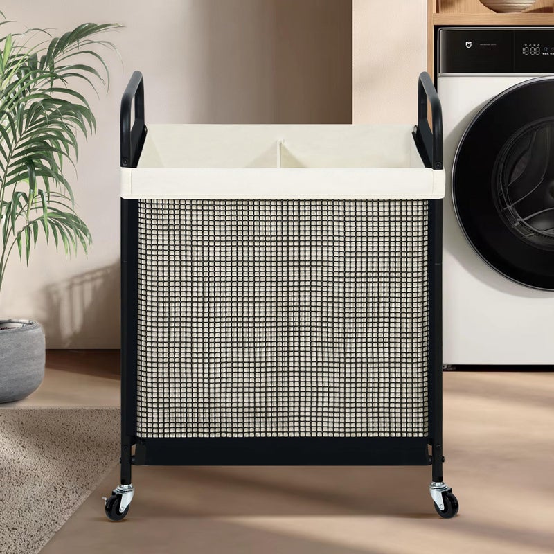 STO STO Laundry Hamper 2 Section, 100L Rolling Laundry Sorter Cart with Removable and Washable Liner Bag, Clothes Hamper with Wheels and Metal Handle for Laundry Room and Bedroom - Image 2