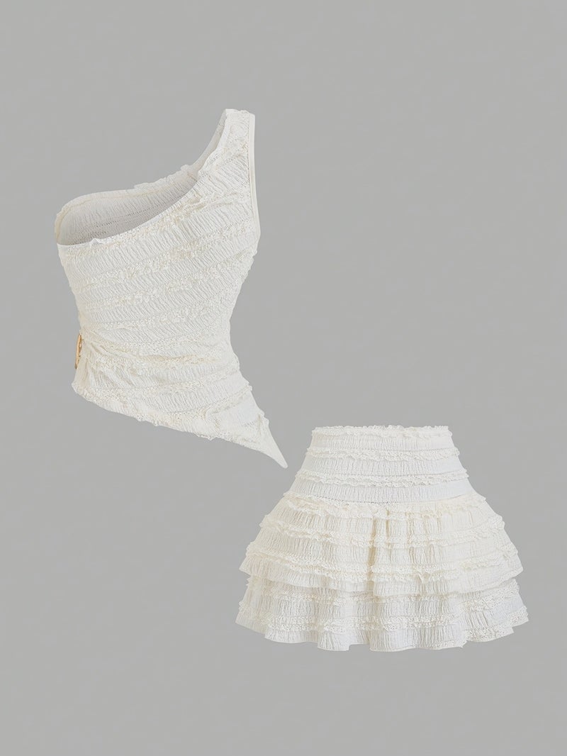 Women's Sexy Asymmetrical Hem Short Top And Ruffled Mini Skirt Set - Image 2