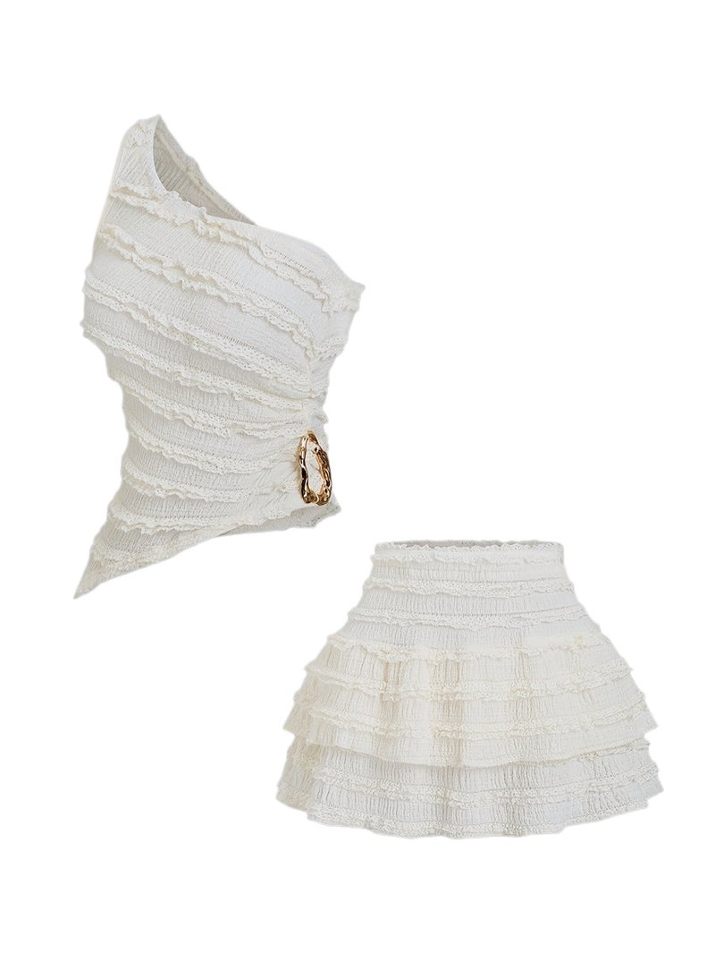Women's Sexy Asymmetrical Hem Short Top And Ruffled Mini Skirt Set - Image 1