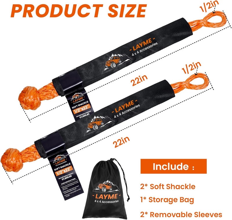 LAYME 2Pcs Soft Shackle Rope - 1/2 Inch x 22 Inch (57000Lbs Breaking Strength) Offroad Synthetic Soft Shackle Recovery Kit for UTV, ATV,Truck, SUV (Orange) - Image 4