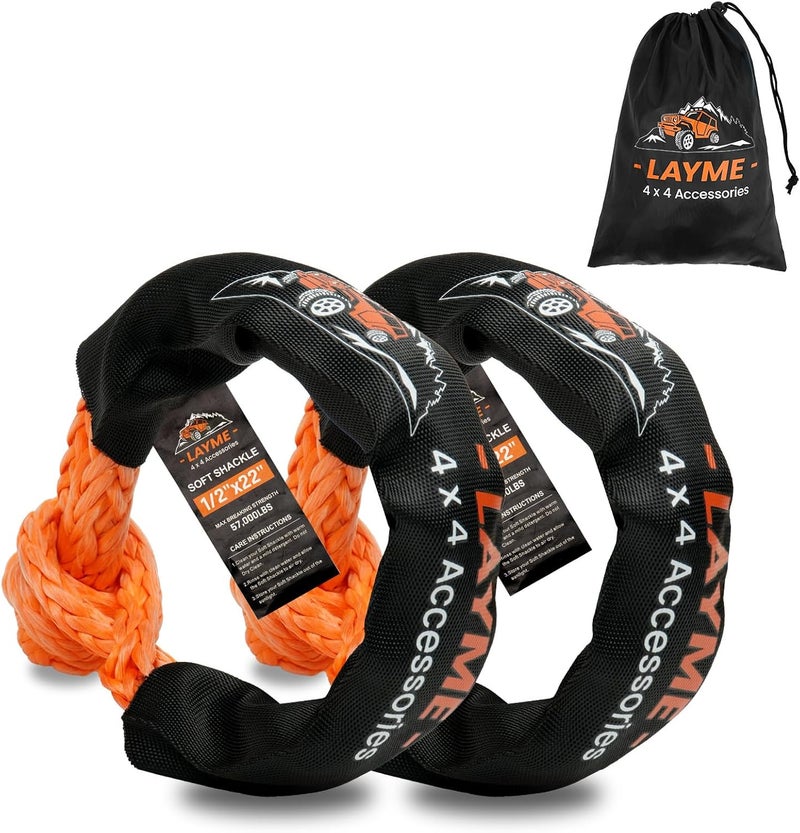 LAYME 2Pcs Soft Shackle Rope - 1/2 Inch x 22 Inch (57000Lbs Breaking Strength) Offroad Synthetic Soft Shackle Recovery Kit for UTV, ATV,Truck, SUV (Orange) - Image 1