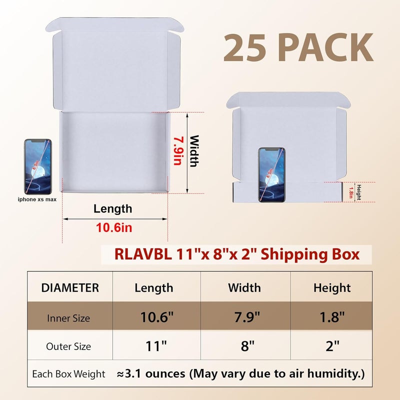 مجموعة RLAVBL من 25 صندوق شحن مقاس 11x8x2 بوصة، صندوق كرتون مضلع أبيض للتعبئة والبريد والأعمال - Image 2