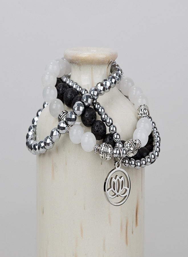 SPUNKYsoul Lotus New Beginnings White Jade Bracelet Hematite for healing Stack Bracelet Set Collection - Image 3