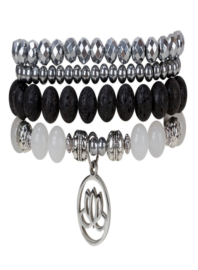 SPUNKYsoul Lotus New Beginnings White Jade Bracelet Hematite for healing Stack Bracelet Set Collection - Image 1
