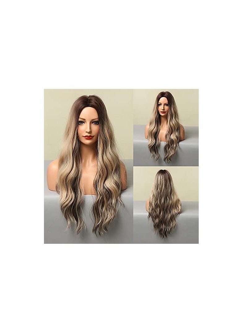 Long Curly Wigs Natural Wave Ombre Wigs Dark Brown Roots to Blonde Wigs Mixed Black Heat Resistant Fiber Synthetic Wigs for Women Cosplay Ladies Wig - pzsku/ZCA08ED9937DEDE83AEB1Z/45/_/1721468722/55ea252e-9a75-4937-9495-33c8752ab07c